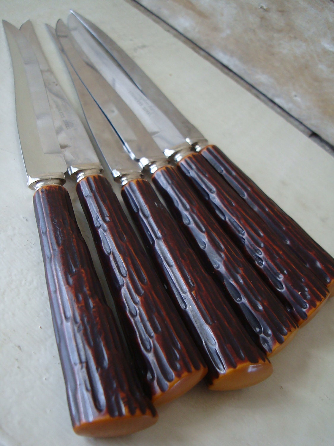 Vintage Bakelite Faux Horn Knives Washington Forge Set of 6