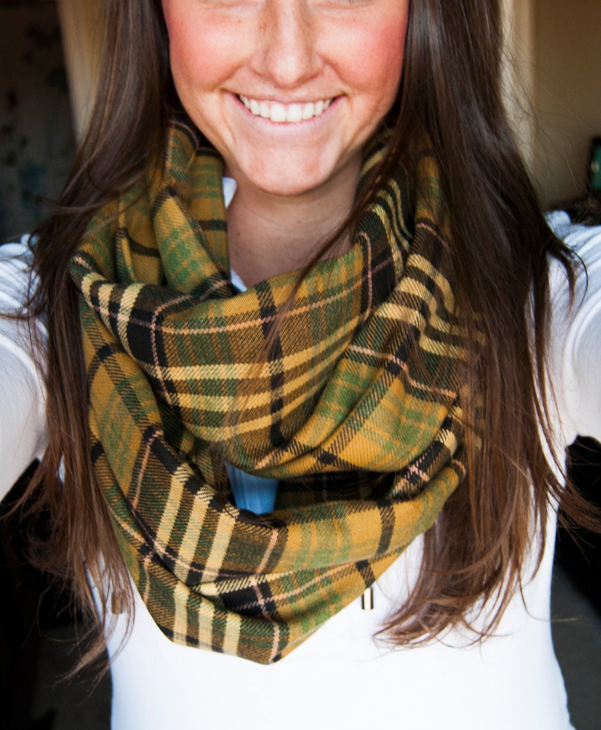 Green and Brown Plaid Infinity Scarf