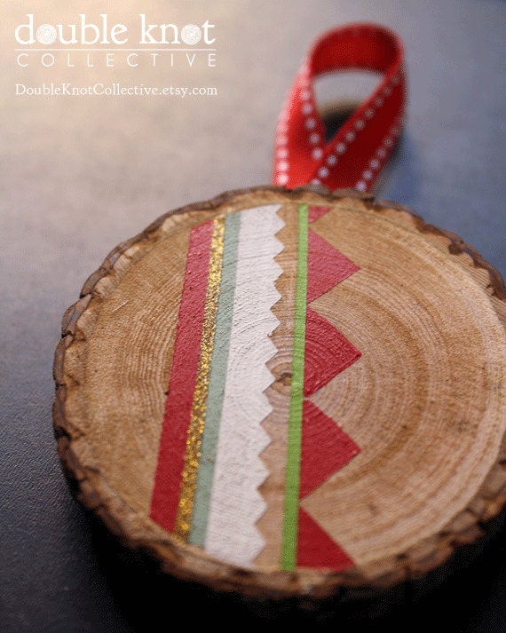 Hand-painted Christmas Tree Ornament - Wood Slice - Geometric