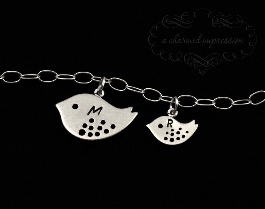 Personalized Mommy Jewelry . Sterling Silver Charm Bracelet . Mama Baby Bird Initials . Mom to Be . New Mom.Mother Gifts . MY LITTLE FLOCK