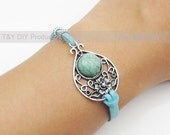 Charm Bracelet Antique Silver Finding Turquoise Inlayed Beads on Aqua Blue Thin Leather Cord Adjustable Bangle with 1inch Extension Chain