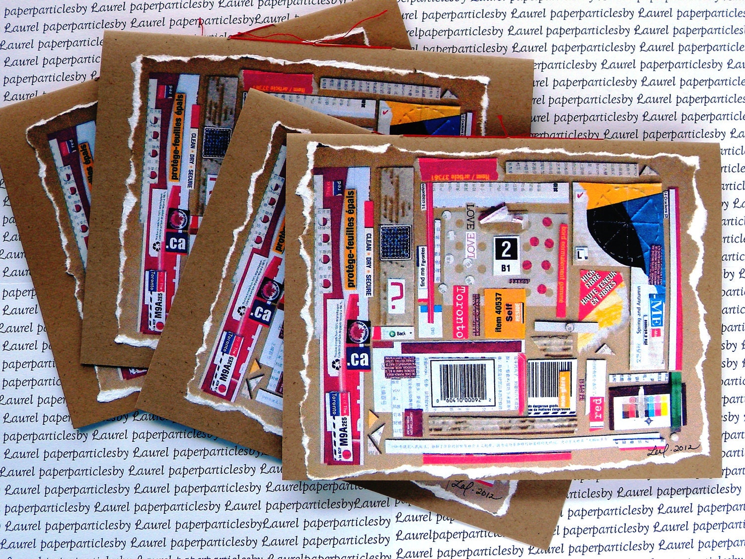 Handmade Multi-Colored Recycled Scrap Collage-Art Note Cards Blank -set of 4