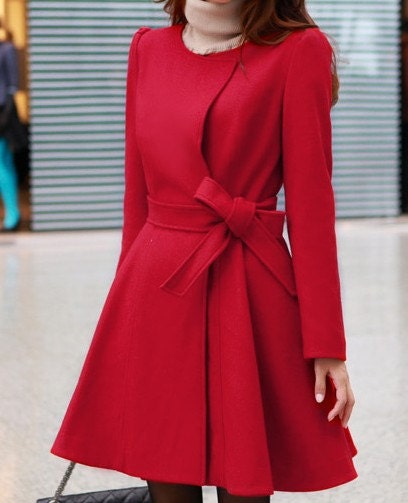 Red /Black wool women coat women dress coat with belt Spring Autumn Winter--CO046