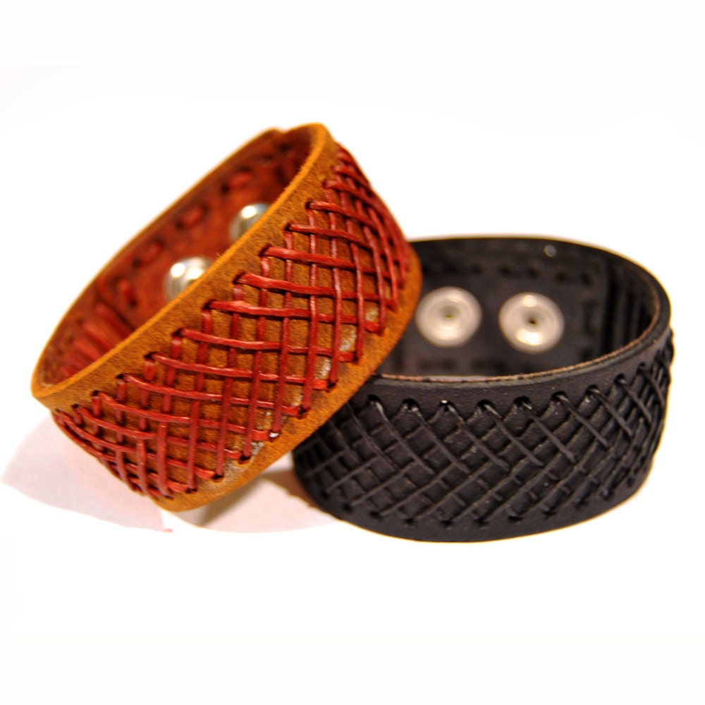 Cross stitches brown,black,blue,red,orange,green,yellow,pink color leather cuff - OctagonLeather