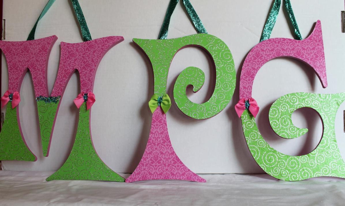 Custom Wooden Wall Hanging Letters 12 inch, letter initials, name, lime green, pink, and teal colors