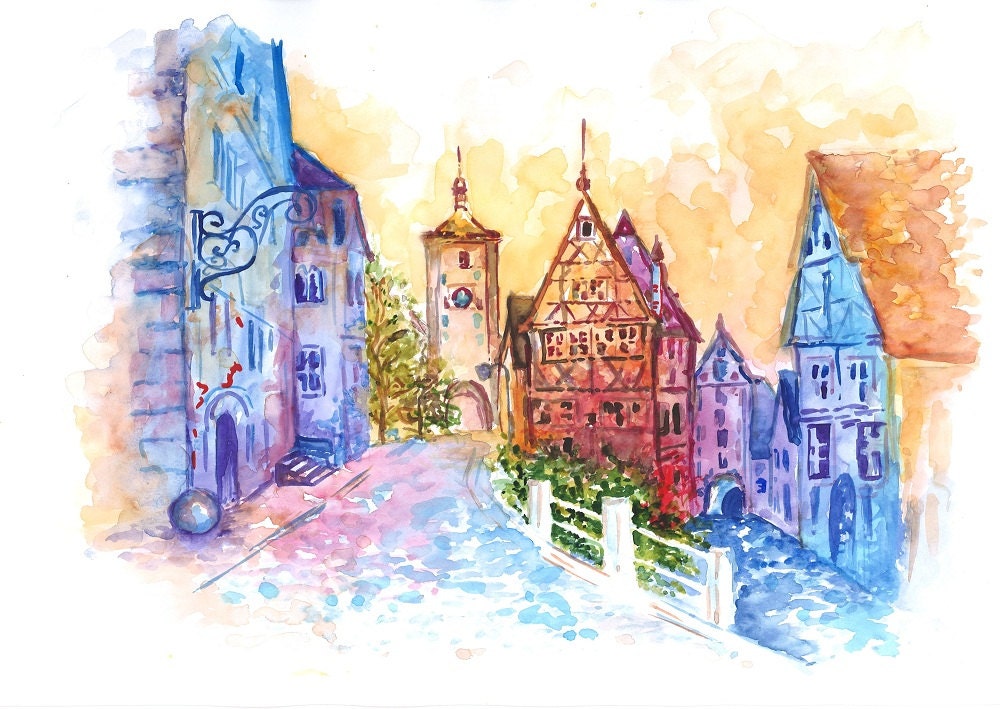 Print from Original Watercolor Travel  Art Illustration titled Fairytale Of Rottenburg