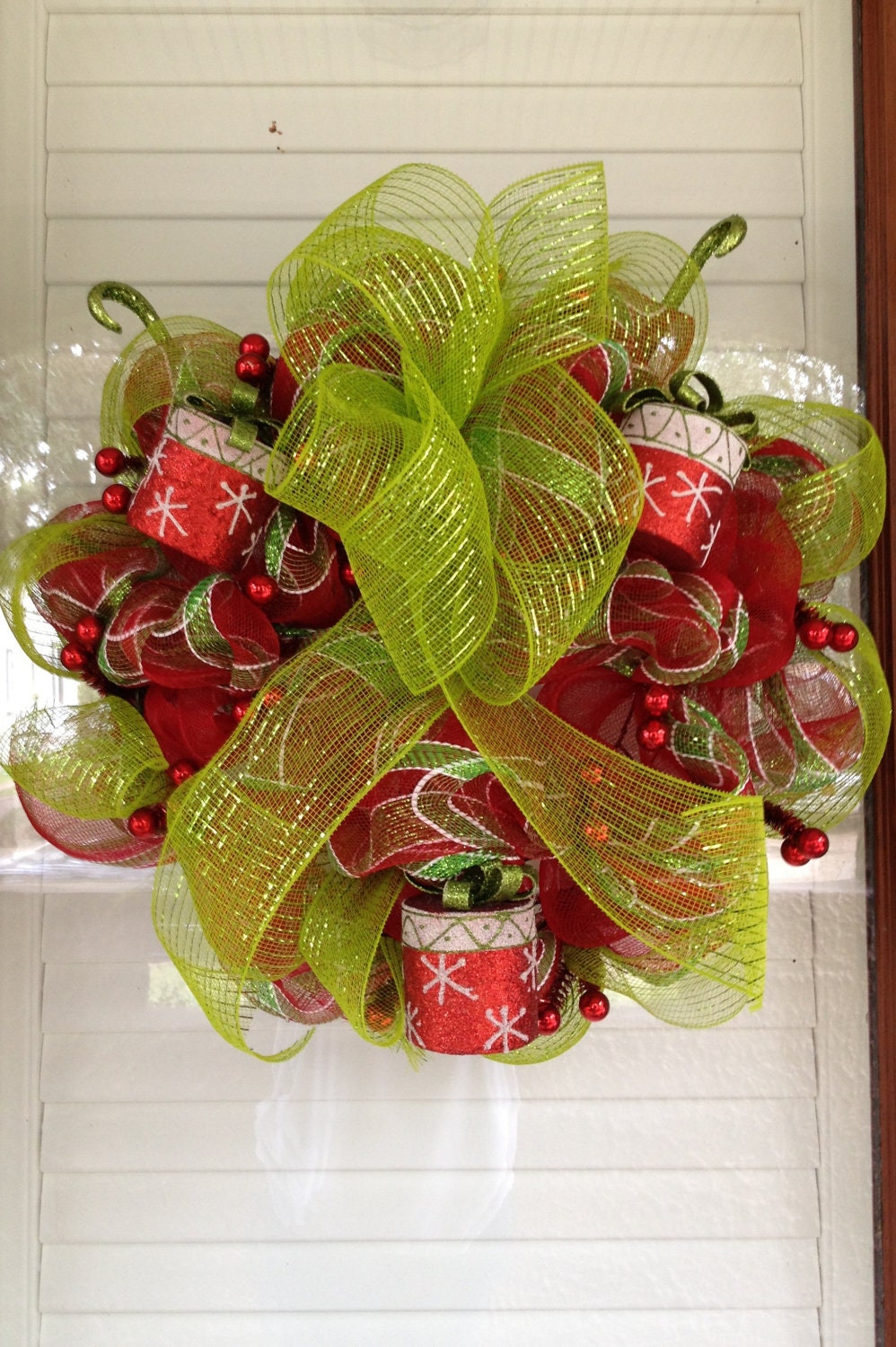 Christmas Wreath - Holiday Wreath with Glitter Presents - Lime Green & Red -23" Wreath