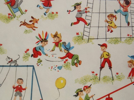 Vintage Gift Wrapping Paper - Juvenile Mid Century Children Playing on the Playground - 1 Unused Full Sheet
