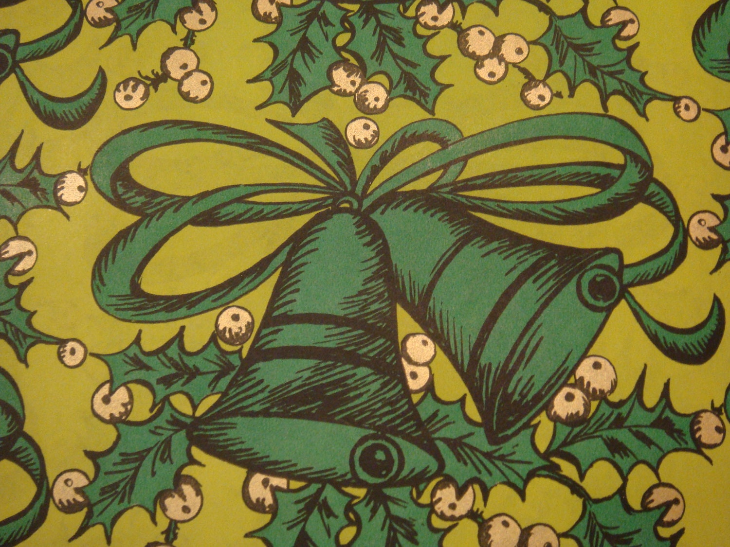 Vintage Gift Wrapping Paper - Monochrome Green Bells - By Lady Clair - 1 Unused Full Sheet