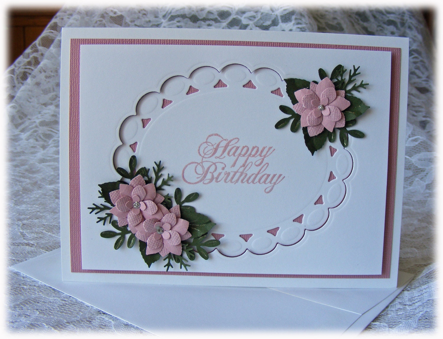 Elegant Handmade Birthday Card with 3D flowers in deep pearlescent mauve