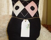 Recycled / Handmade Plush OWL SOFT TOY - decorative soft toy Owl pillow / cushion in black pink and white wool.