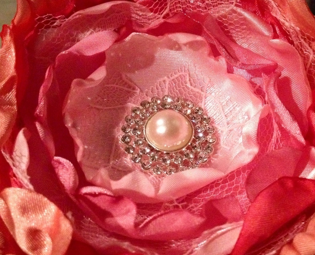 Stunning Handmade Satin and Lace Flower in Corals and Pink w/ Rhinestone Center / Perfect for Weddings, Birthdays, Newborn/Infant Photoshoot