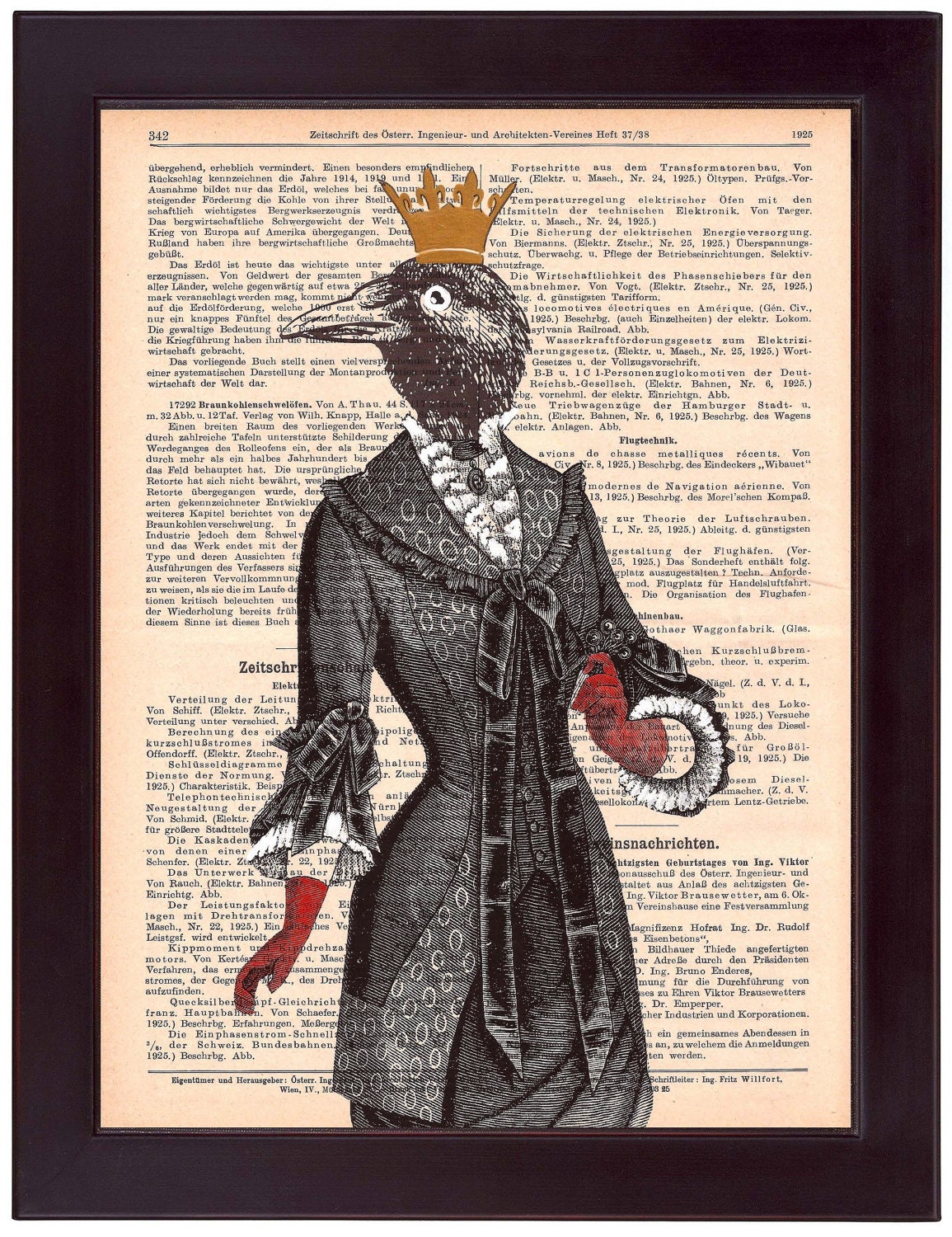 queen Crow- ORIGINAL ARTWORK Mixed Media - Hand Painting art print on  vintage architecture book