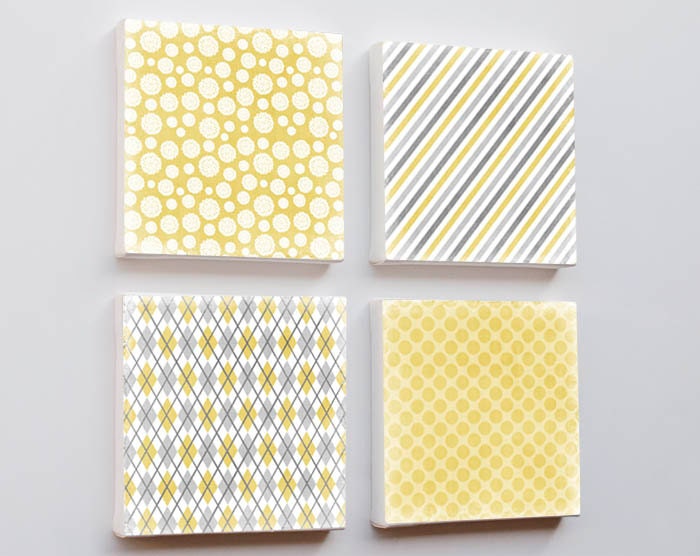 Geometric Art 6x6 - mid century modern wall art canvas prints set of four 4 yellow black gray stripes argyle polka dot