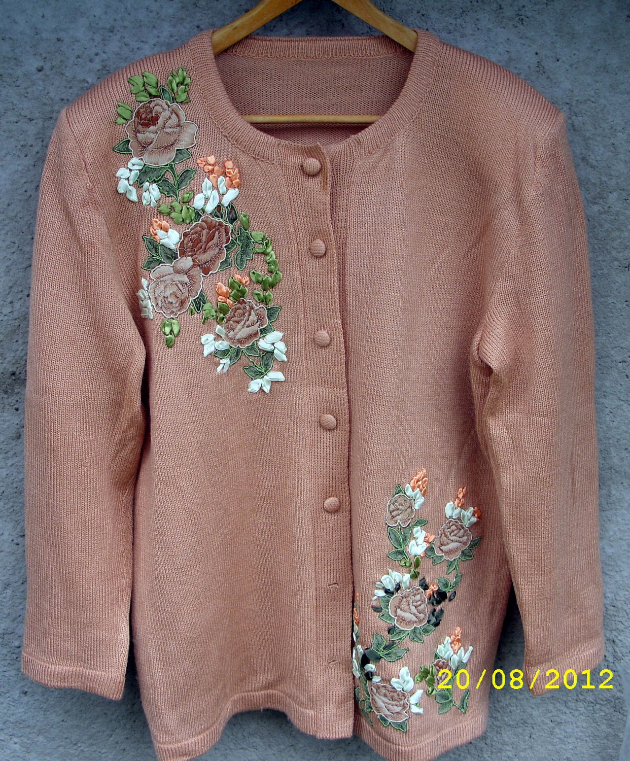 Vintage Cardigan 1990s Peach Embroidered Flowers Knitted Boho Super Sale