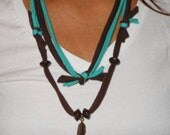 Necklace/Wrap Bracelet, 2 Piece Set, T Shirt Fabric, Metal Leaf Charm, Drk Wood Beads, Brown, Teal