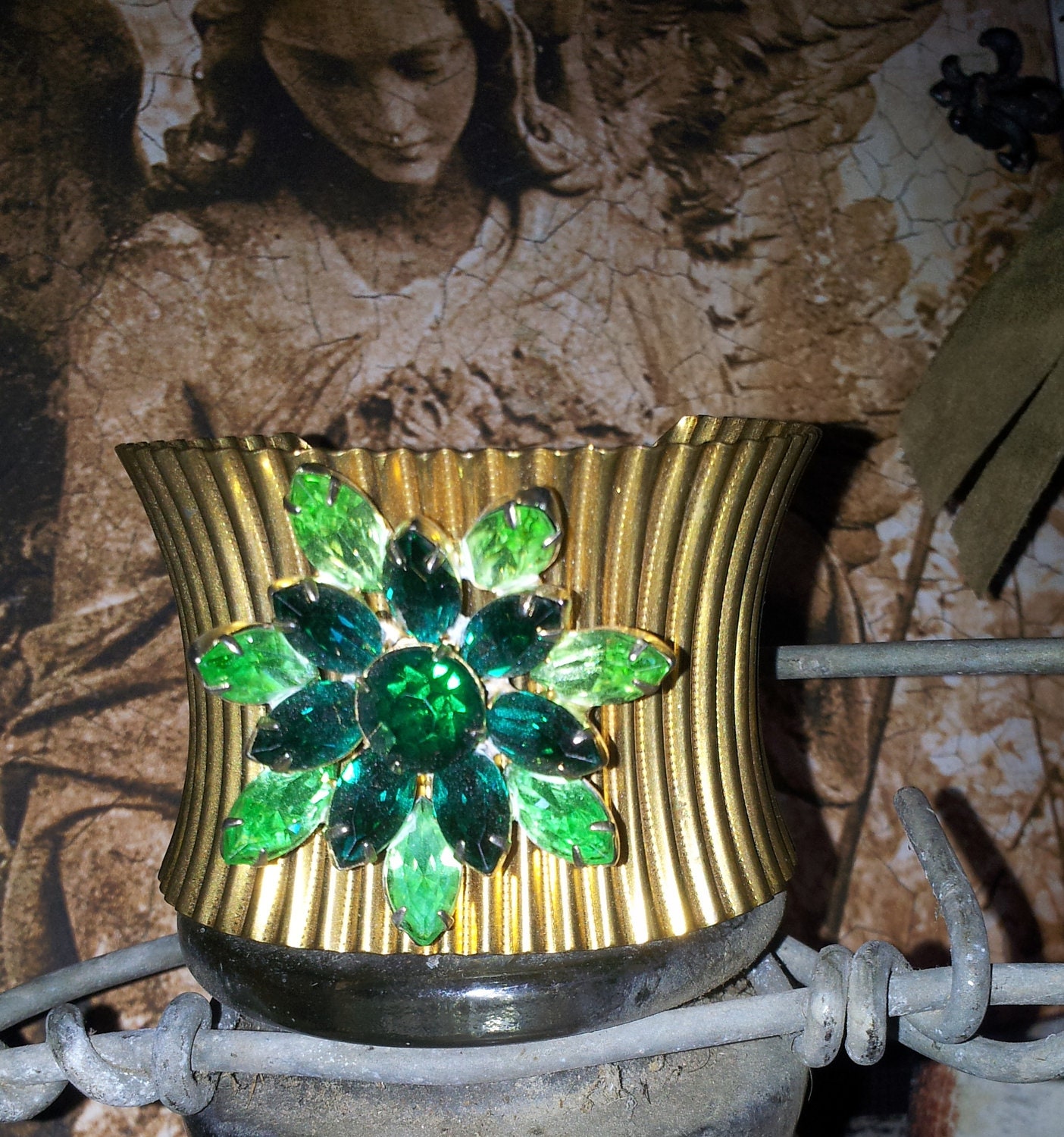 Handmade Oxidized Antiqued Emerald Green Holiday Vintage Jeweled Cuff Bracelet