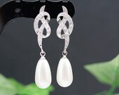 Wedding Jewelry Wedding Earrings Bridal Earrings Bridesmaid Earrings Knot ear posts with Crystal White Swarovski Pearl Tear Drops Earrings