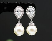 Wedding Jewelry Wedding Earrings Bridal Earrings Bridesmaid Earrings Dangle Earrings cubic zirconia ear posts with Swarovski Pearl Earrings