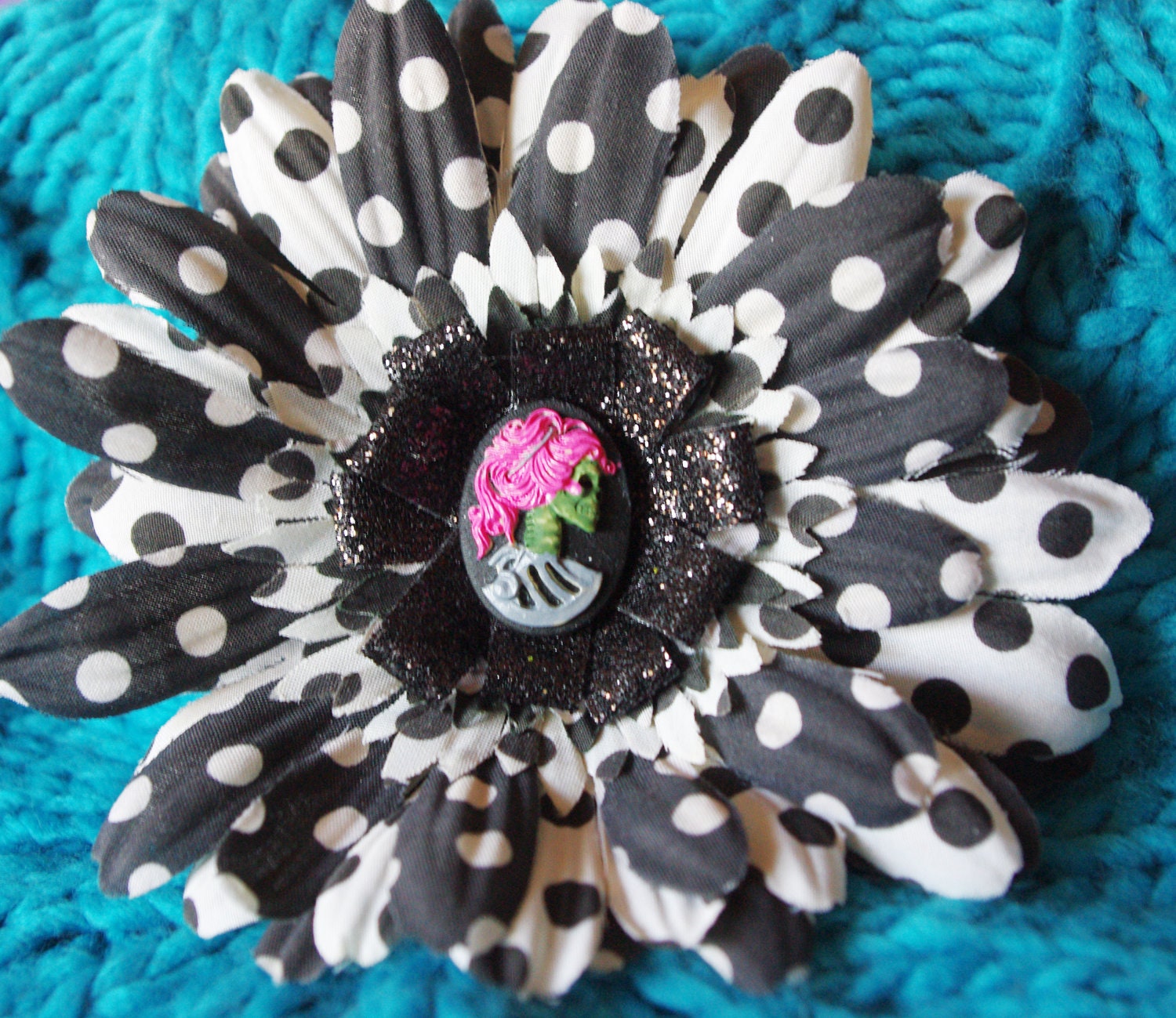 EXTRA LARGE Black and White Polka Dot Hair Flower With Zombie Skeleton Hand Painted Cameo Rockabilly/Emo/Psychobilly/Goth/Lolita/Halloween