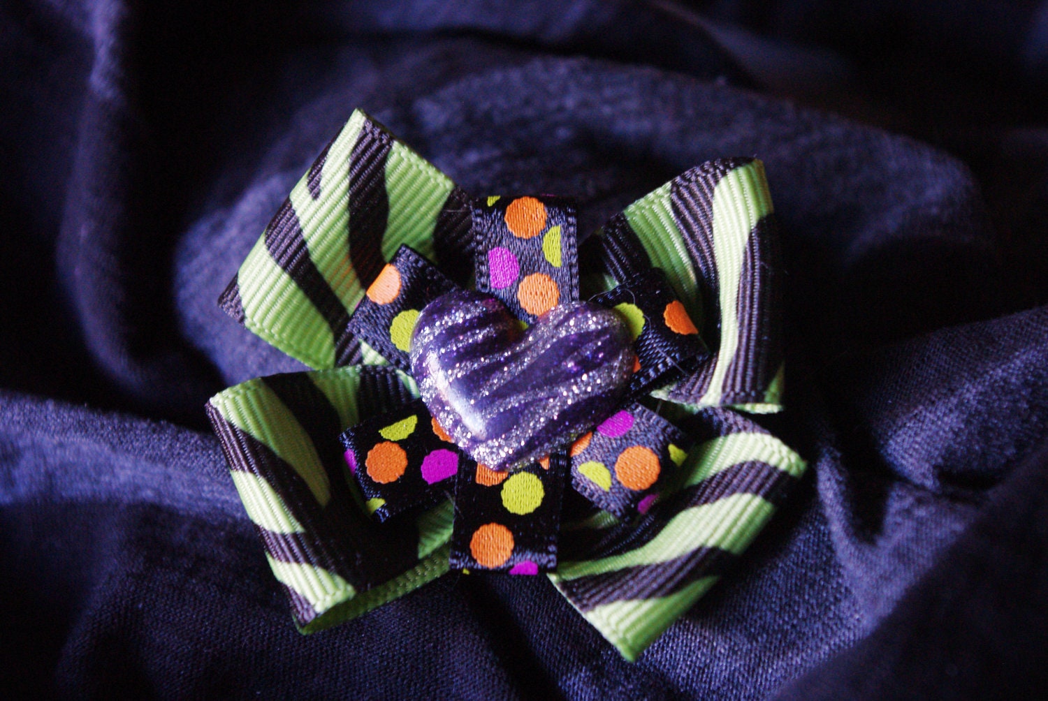 Green Zebra Print Bow With Silver and Black Zebra Print Glitter Heart and Polka Dots Raver/Cyber/Kids/Kids Hair Accessories/Halloween