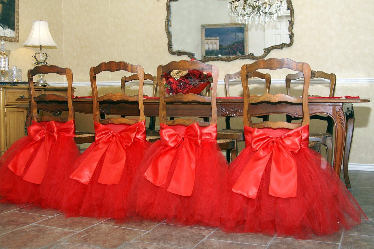 Handcrafted chair tutus add personality to your table, perfect for wedding table, bridal party, baby shower or other special occasion.