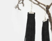 Fashion urban long fringe earrings. Black recycled leather. fall- winter colors. Ready to ship.