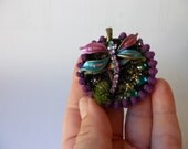 Handmade Mixed Media Brooch, Wearable Art Collage of Purple Dragonfly over Glitter Pond - Fairy Belle