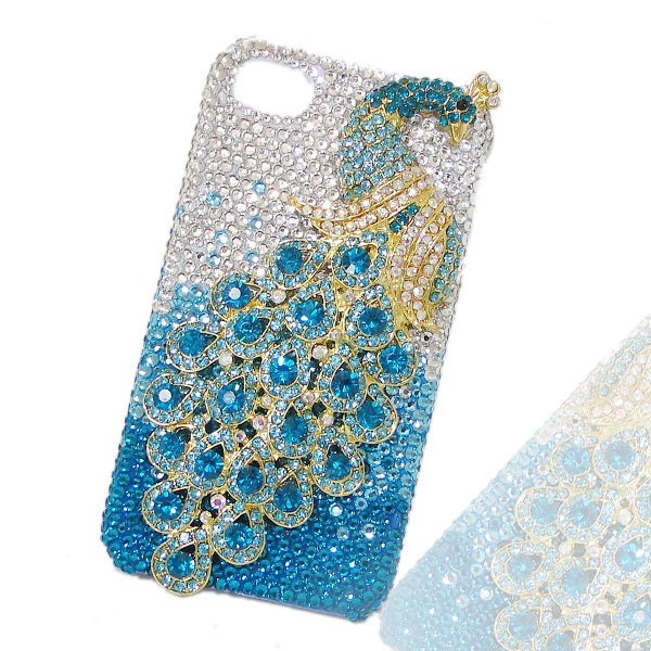 Bling Peacock Cover, iphone 4,4s case, Cell phone cover, Blue Swarovski Crystal Phone Cover, Gold Tone Rhinestone Case Accessories-113118334