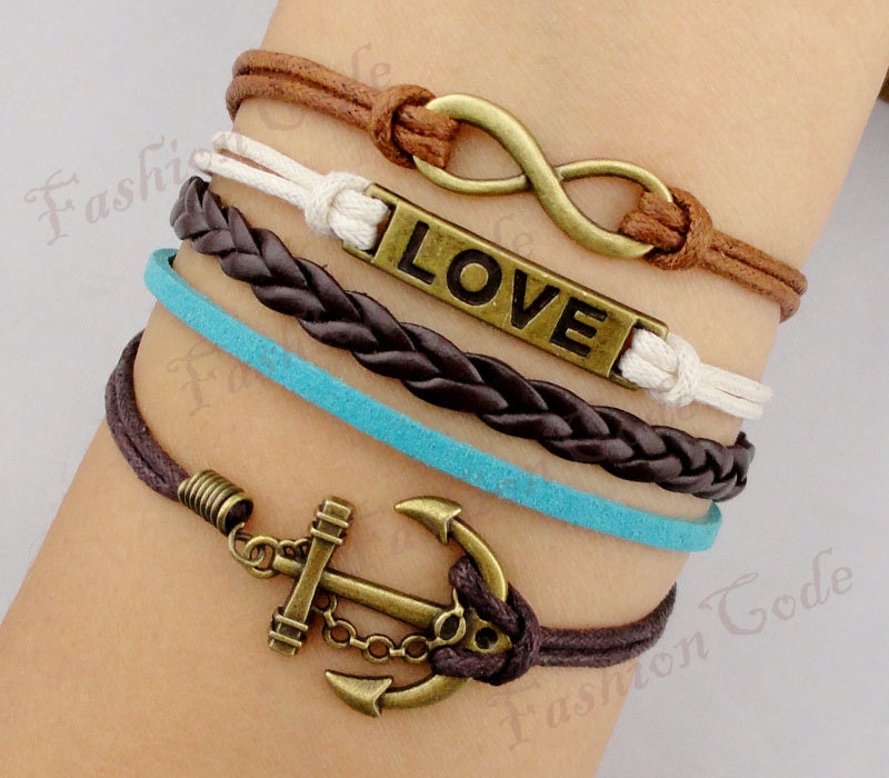 Infinity, Anchor & Love Charm Bracelet--Antique Bronze--Wax Cords and Imitation Leather Bracelet-Personalized Bacelet,Friendship gift