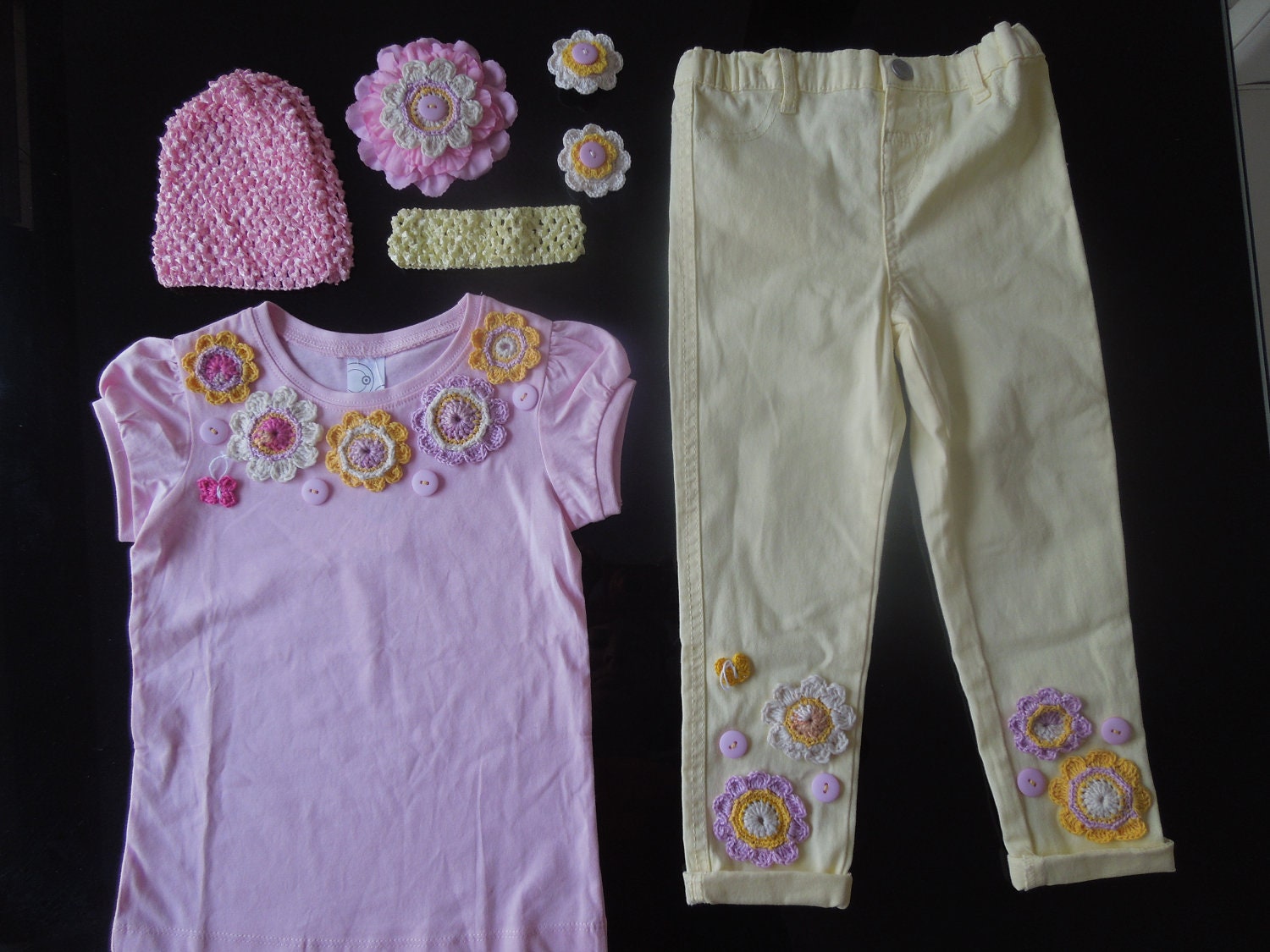 FAIRY FLOSS - OOAK girls tee, jeans, hat, headband & 3x hair clips set - Size 4