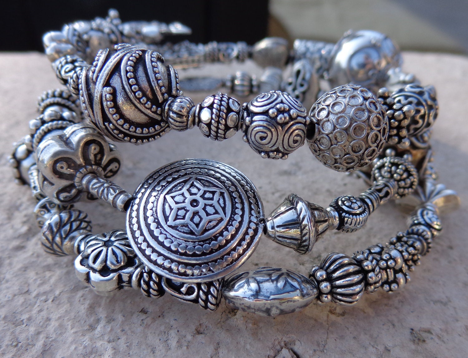 Loose fitting large coiled Sterling Silver Bali Bead Bangle Bracelet, One-of-a-kind Handmade Sterling Silver Bali Beads