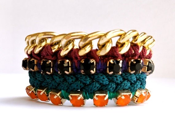 Friendship maxi bracelet - arm party bracelet, petroleum blue color, gold colored chain, thread crochet work, twisted silk cord.