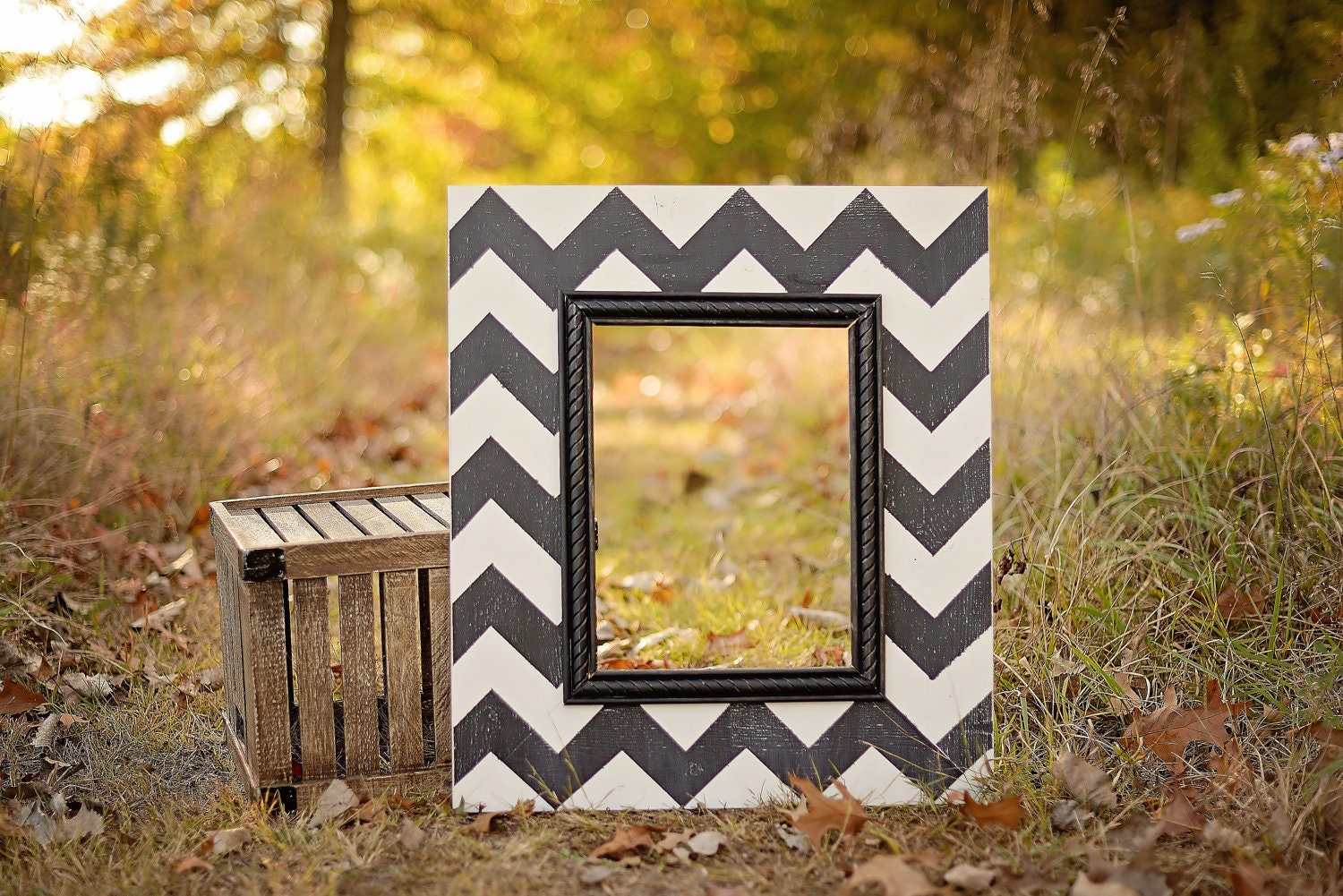 11x14 large chevron frame, chevron wood frame, painted wood frame, black and cream with black trim, custom frames, distressed wood frame,