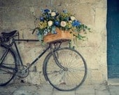 Bicycle Photography, Travel, Bicycle, Flowers, France, Teal Blue, 8x10, "Bike In Pujols" - photogodfrey