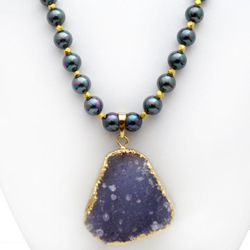 Amethyst Geode With Grey, Purple Toned Glass Pearls, Amethyst Gem Stone & Amethyst Quartz Stone Necklace