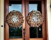 2 Custom Natural Burlap Interlocking Monogram Wreaths  With Burlap Chevron Or Polkadot Bow