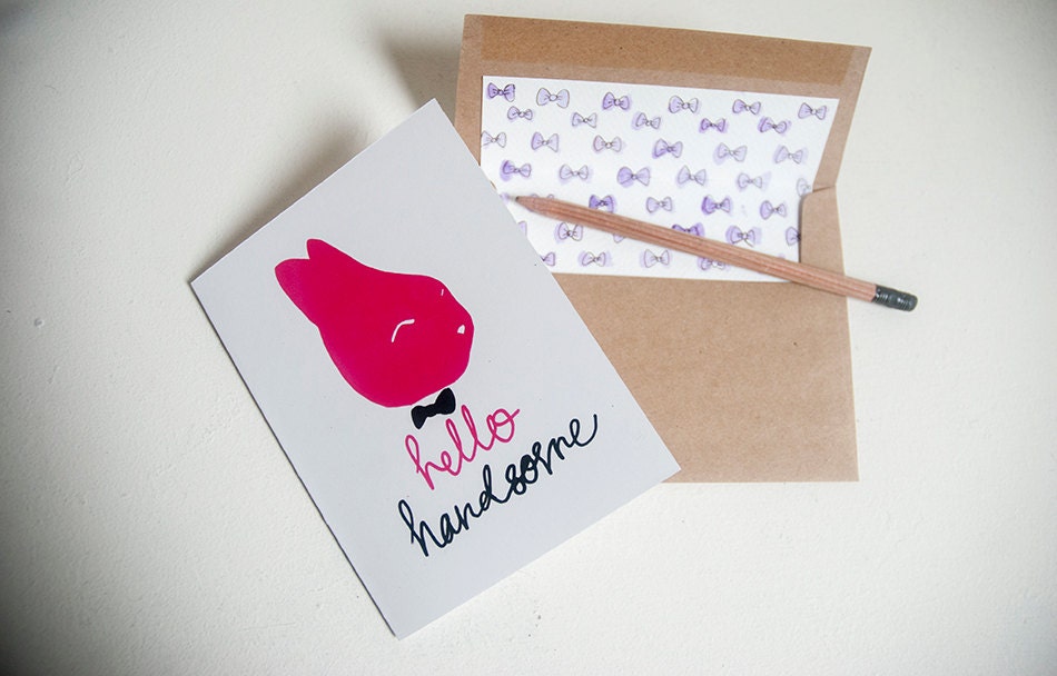 Hello Handsome Bunny Card, Screenprint, Illustration, White, Black, Magenta, Purple, Hand Painted Bowties Lined Kraft Envelope