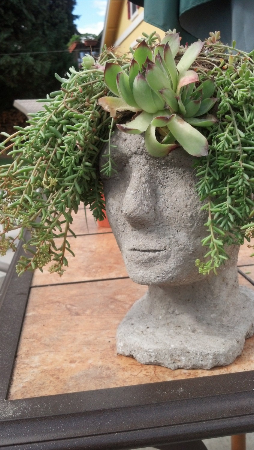 Hypertufa, head, planter, outdoor, garden, decor, succulent, unique, sedum, stone, cement, pottery, concrete face, patio art, sculpture