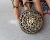 Heart to Heart Hollow pattern Antique pocket watch necklace Bronze vintage jewelry