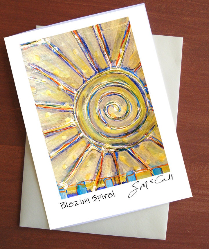 Blank card, greeting cards, stationary, 5x7 card, blazing sun, art print, yellow, blue