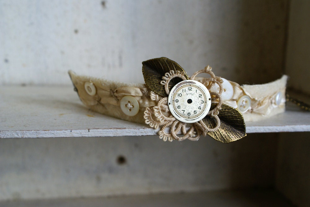 Mixed Media Assemblage Bracelet with Vintage Watch Face, Buttons, and Lace -- Handmade in Ireland