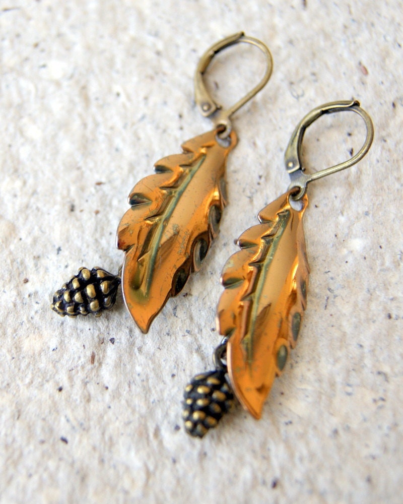 Pine Cone and Leaf Earrings - vintage gold tone leaves, antiqued brass pine cones, wooldland fashion, Industrial Flora