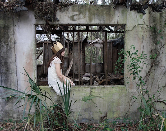 The Queen of Nothing - FREE SHIPPING - Print Girl Abandoned House Nature Gold Crown White Gray Concrete Weeds Overgrown Alone Green Cream