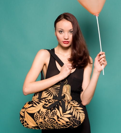 black and dark yellow orange handbag Exotic flower fabric Purse tote bag Retro metal frame
