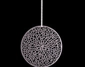 Reticulate - stainless steel pendant, intricate circular leaf network nature science organic jewelry