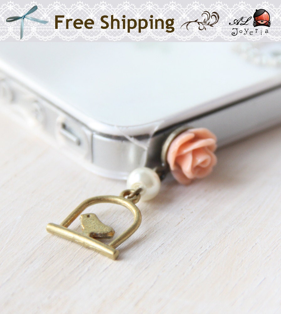 iPhone Dust Plug. Salmon Pink Rose and Rustic Bird Cage Cell Phone Charm. iPhone4, iPhone 4S, iPad, Samsung Accessories. Free Shipping.