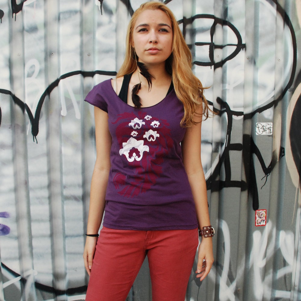 Silkscreen purple yoga shirt with paisley and lotus design, cap sleeve tshirt , S-XL, womans top, womens graphic tee