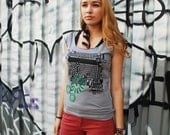 Silkscreen womens tshirt, ash gray cap sleeve, geometric city design, S-XL, womans top