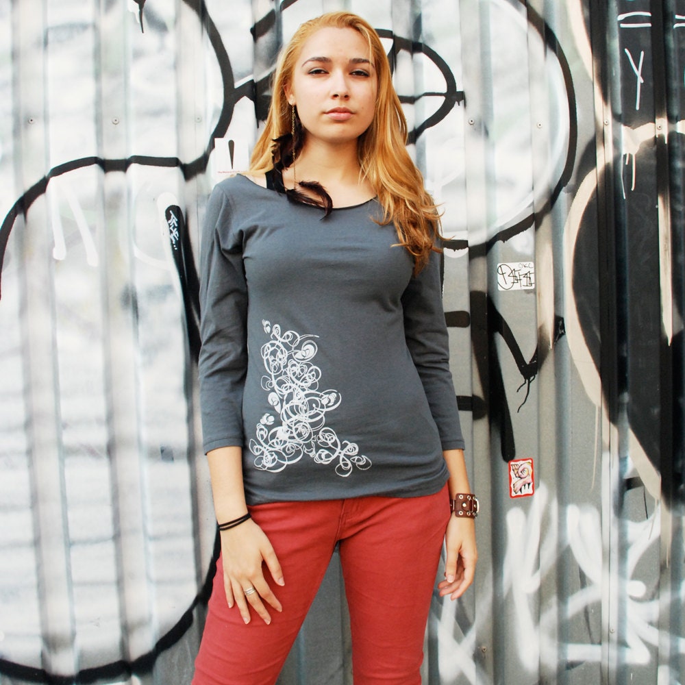 Silkscreen womens tshirt, gray 3/4 sleeve, deco design, S-XL, womans top